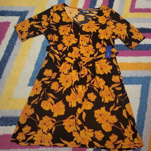 Apt. 9 | Dresses | Nwt Womens Large Apt 9 Black Orange Floral Dress Vneck  Stretchy | Poshmark